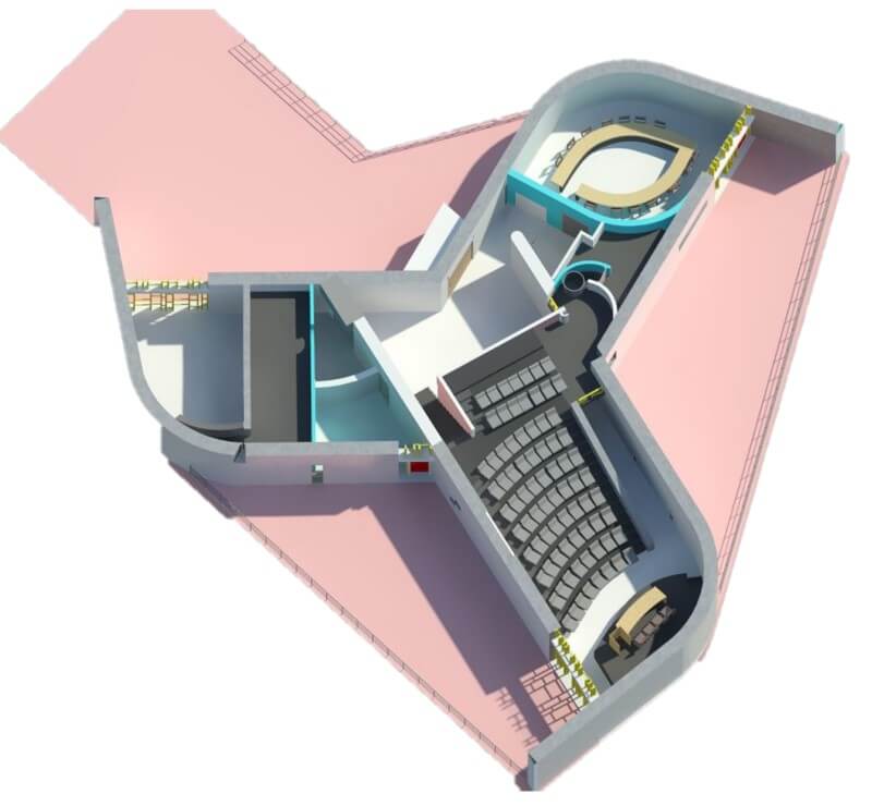 Cutaway 3D render of an auditorium interior