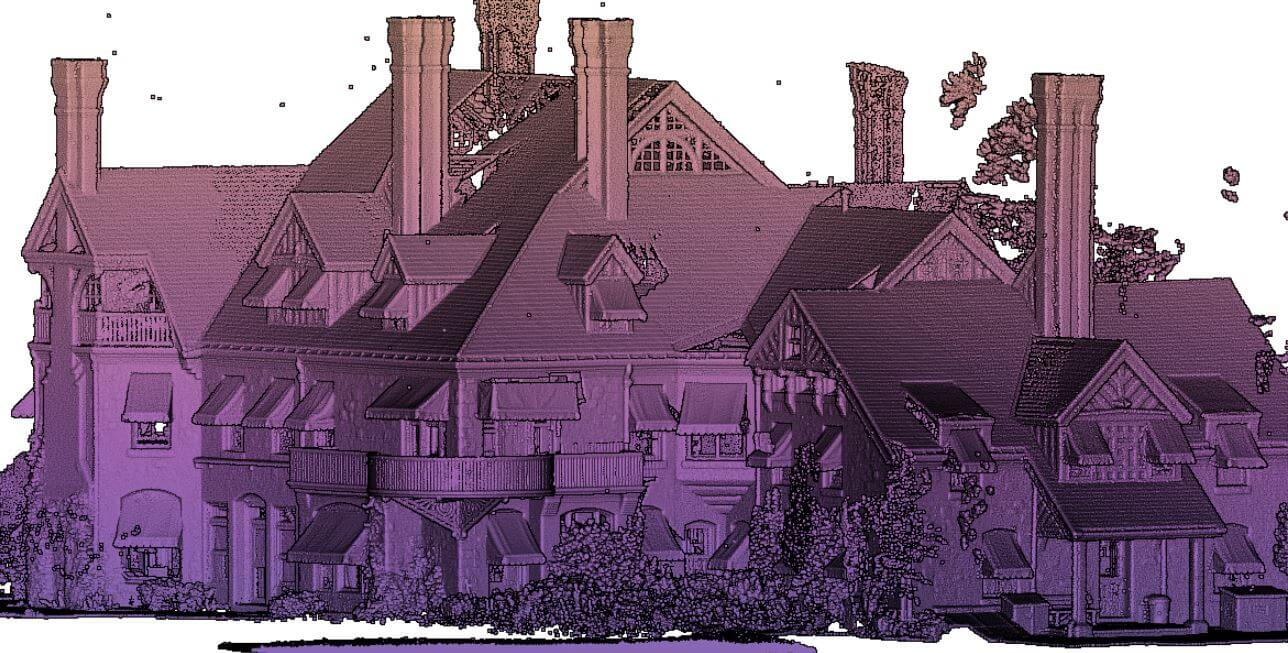 Purple-toned point cloud of a residential building